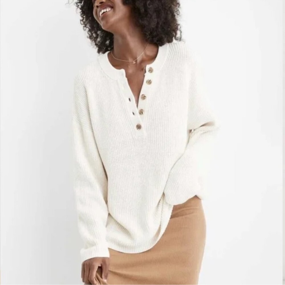 Aerie Henley Sweater Tunic Oversized Ivory White 100% Cotton Size Large